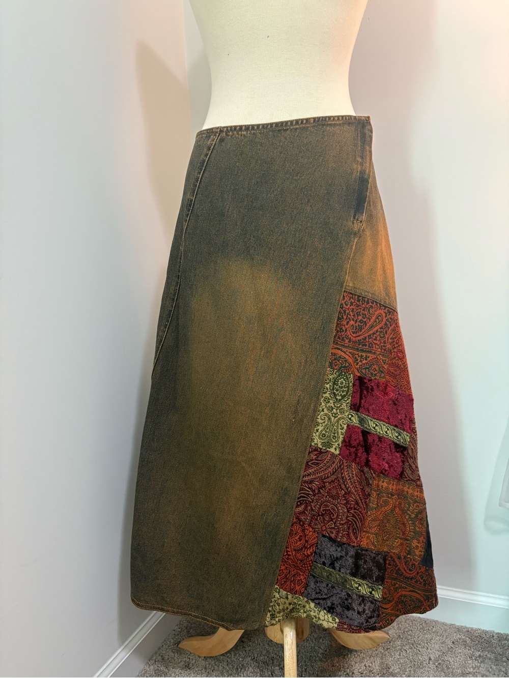 René Derhy Vintage Asymmetrical Quilted and Patched Denim Skirt